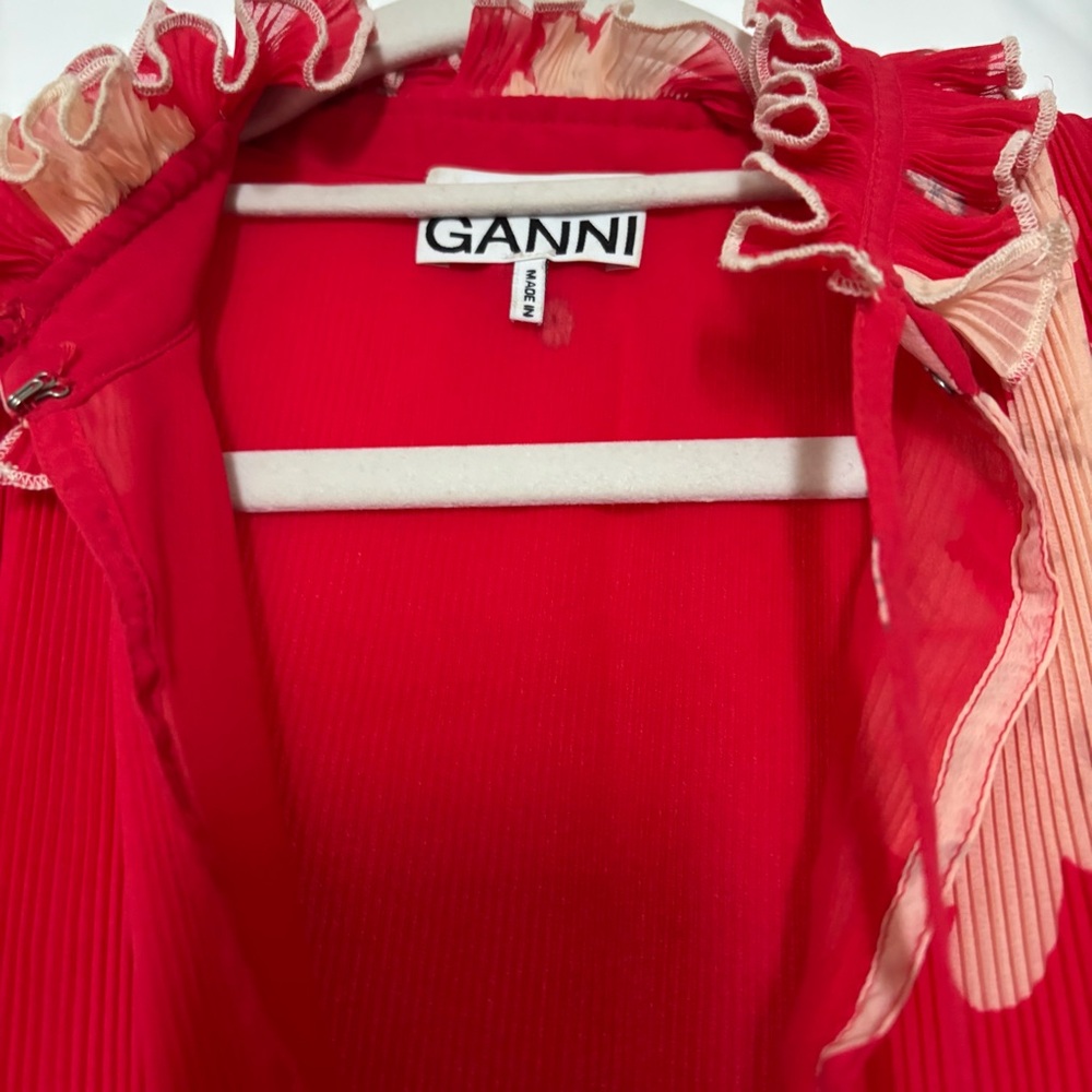 Ganni Red Tie Front Georgette Mini Dress Lollipop - Picture 6 of 8